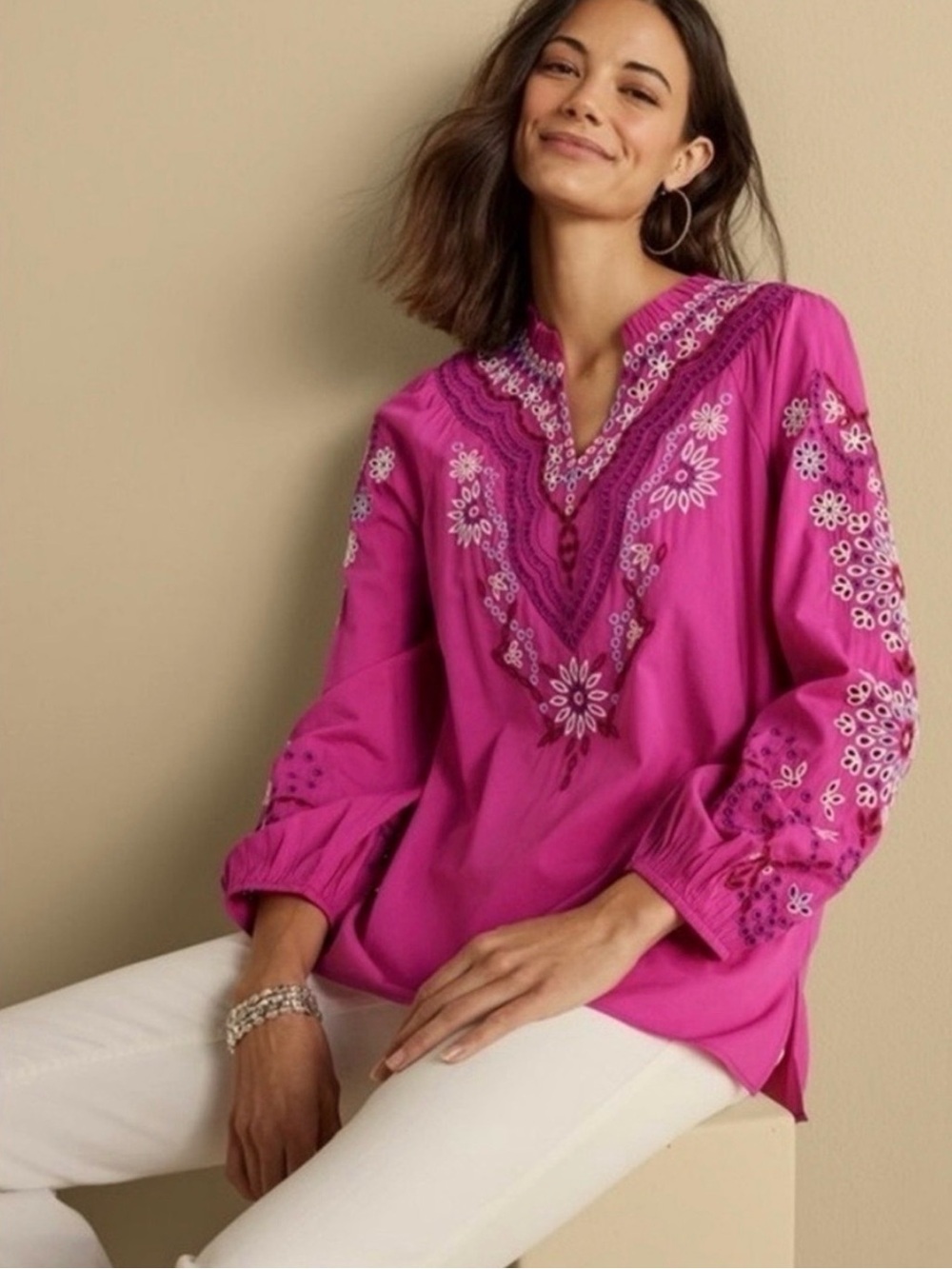 Soft Surroundings Embroidered Eyelet Fuchsia Peasant Top